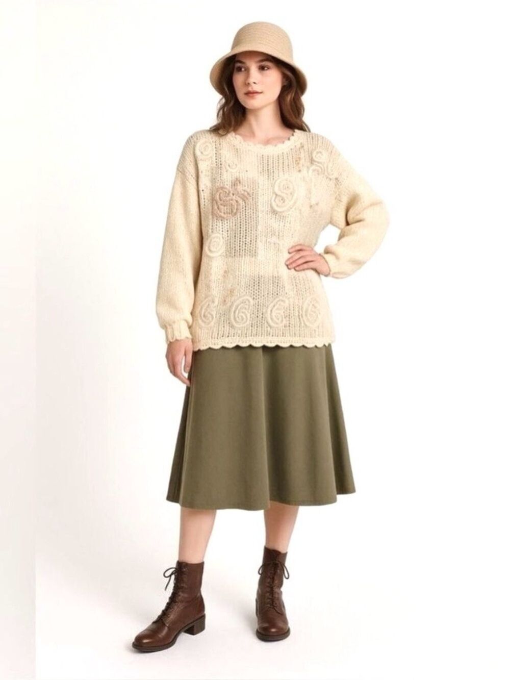 Vintage 80s Ramie Knit Sweater Embroidered Beaded Cream Pullover M Oversized
